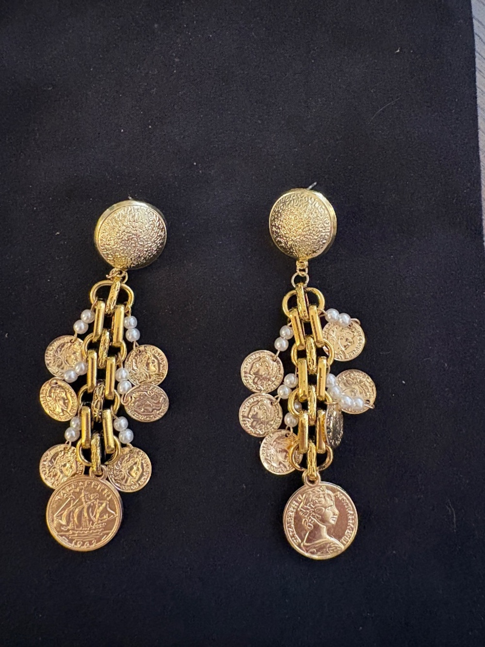 Austin Blaze Medallion Gold and Perl Statement Earrings